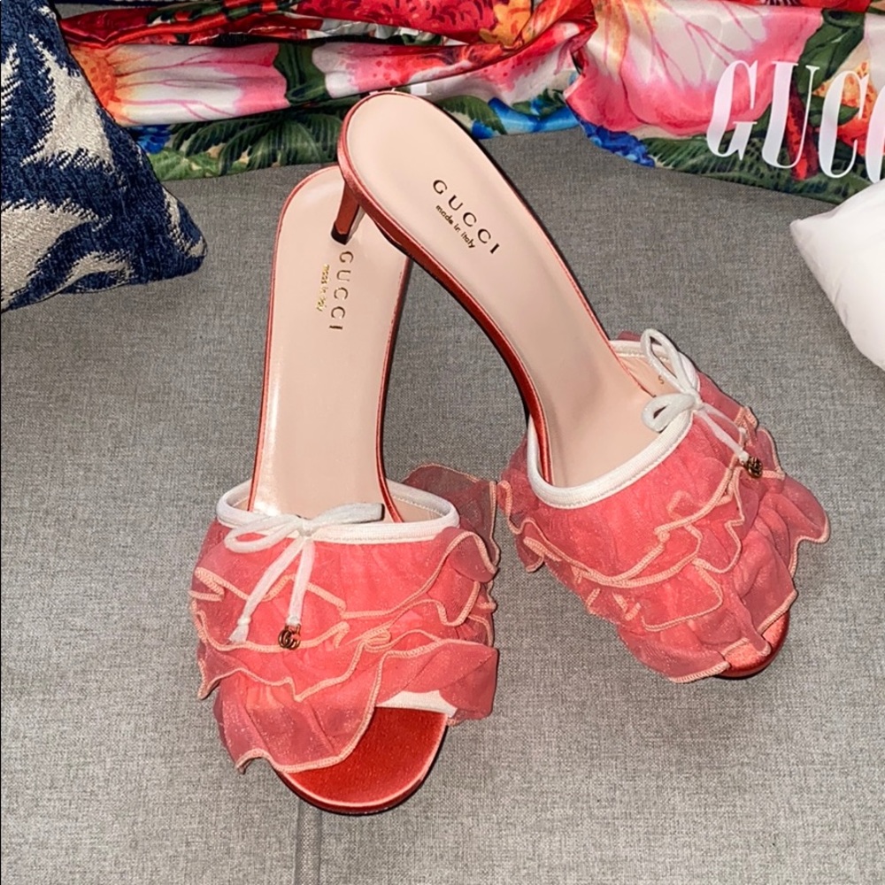 Gucci Ruffle micro GG, pink flower collection mules 6.5 NWT
